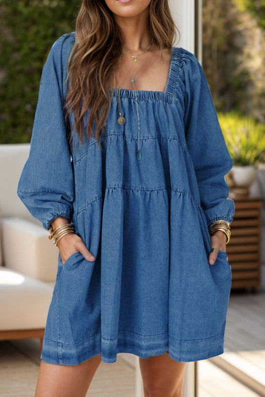 Tied Square Neck Long Sleeve Denim Dress with Pockets