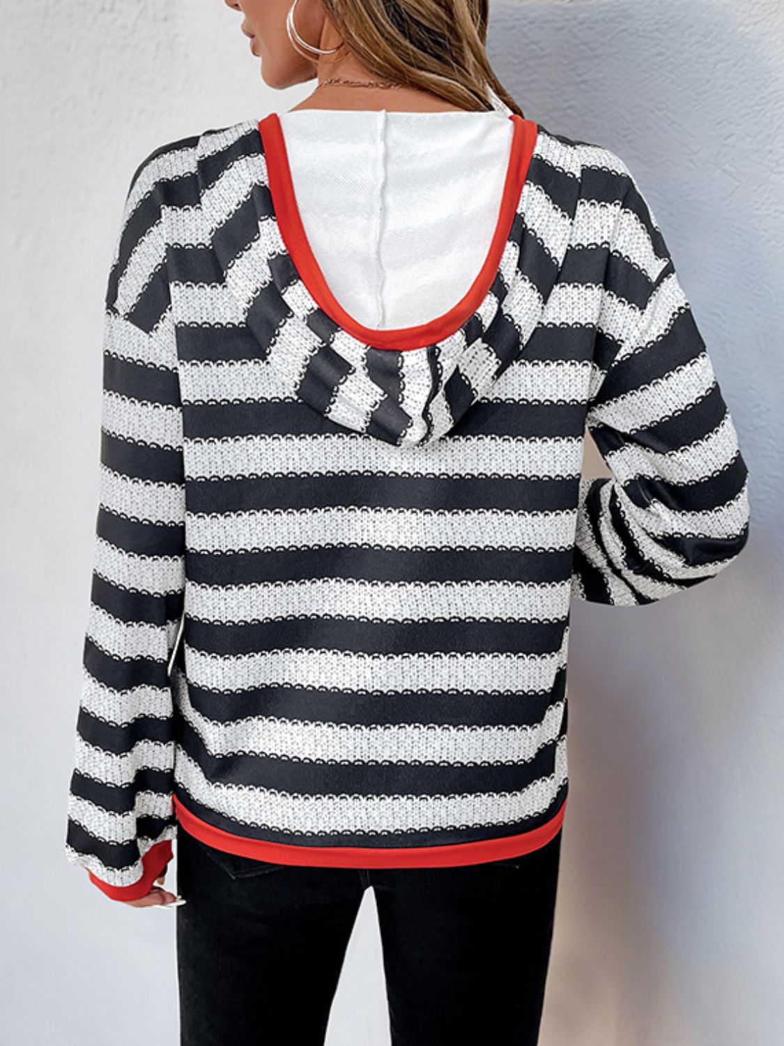 Perfee Contrast Striped Long Sleeve Hoodie