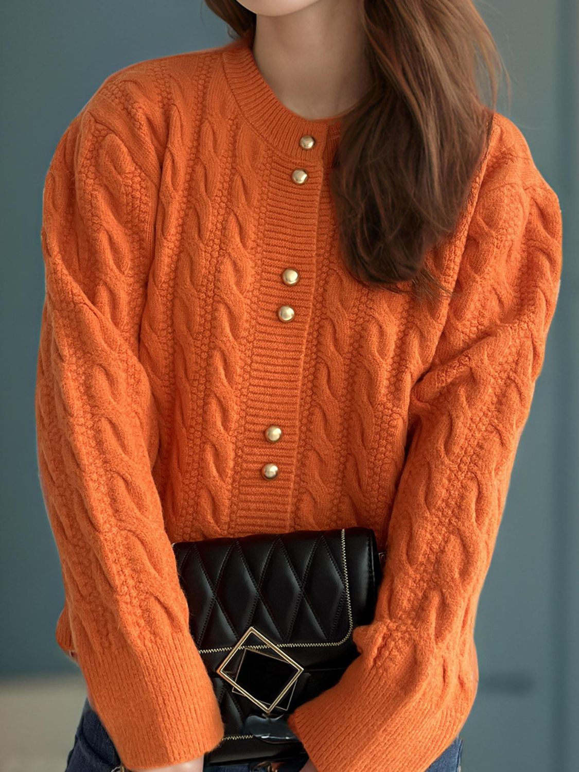 Cable-Knit Round Neck Long Sleeve Cardigan