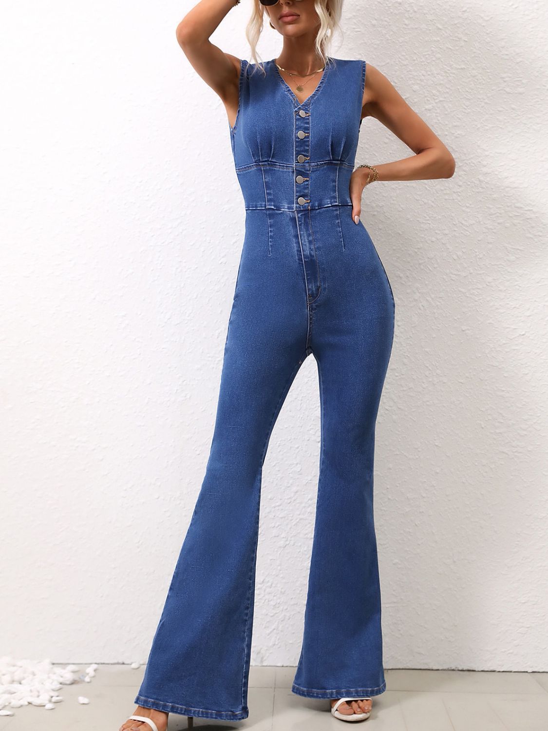 V-Neck Sleeveless Denim Jumpsuit