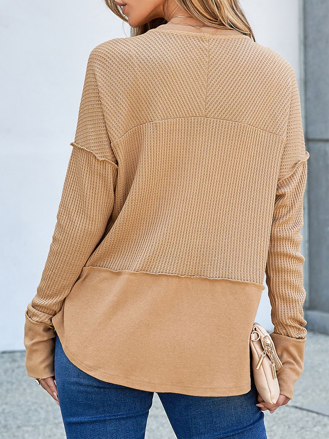 Waffle-Knit Notched Long Sleeve T-Shirt