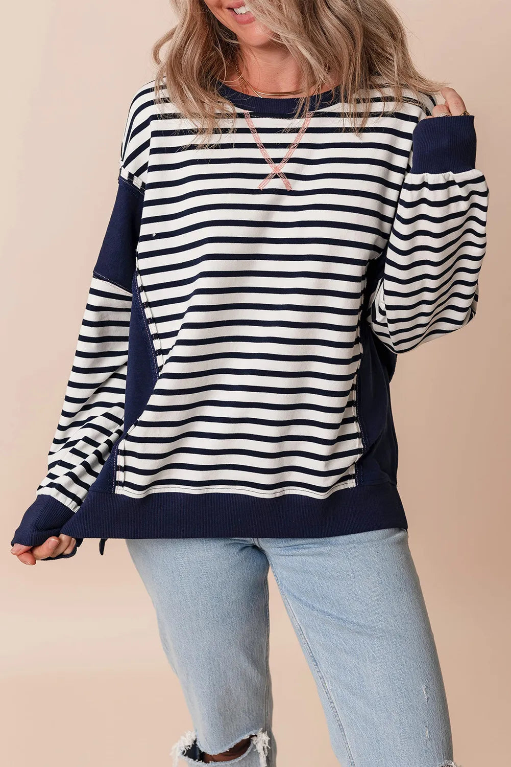 Striped Round Neck Long Sleeve Sweatshirt