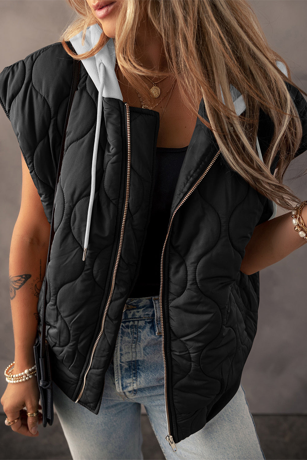 Drawstring Zip Up Hooded Vest Coat